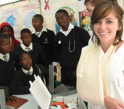 Caroline Boak demonstrates Canadian first aid techniques during health week at the National University of Lesotho.