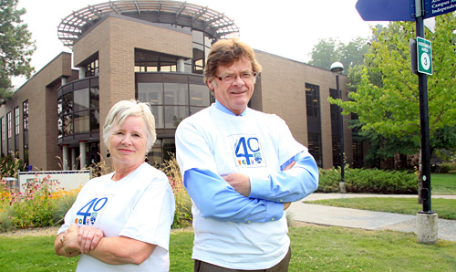TRU Deans Barbara Paterson and Charles Weber sport TRU 40 t-shirts outside the TRU library. Barbara is the new Dean of Nursing and Charles (in charge) is the Dean of the newly-formed Faculty of Education and Human Development.