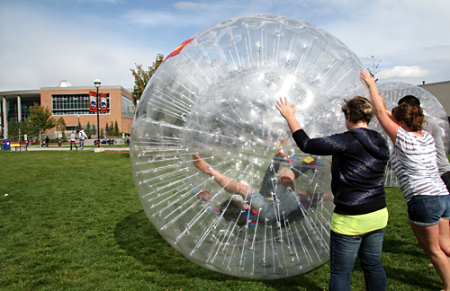 The two Zorb balls were a hit. 1-2 people can be strapped inside and then pushed and bounced around by others on the outside.