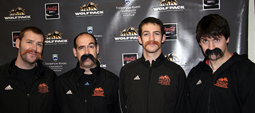 From left to right: Jonathon Shephard, TRU athletics & recreation Asst.; Scott Clark, men's basketball head coach; and men's baskeball players Brett Parker and Connor Agnew.