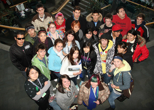 Some of the students attending the 5th Annual Transitions Day for Aboriginal Students in School District #73 on Nov. 18, 2010 gathered in the atrium area of the Campus Activity Centre for a group photo.