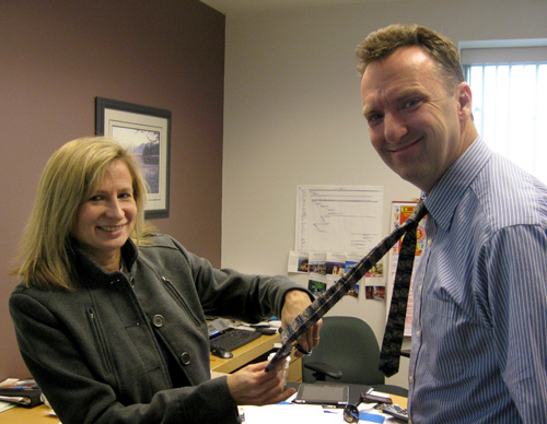 Jola Belliveau takes the scissors to Brian's tie.