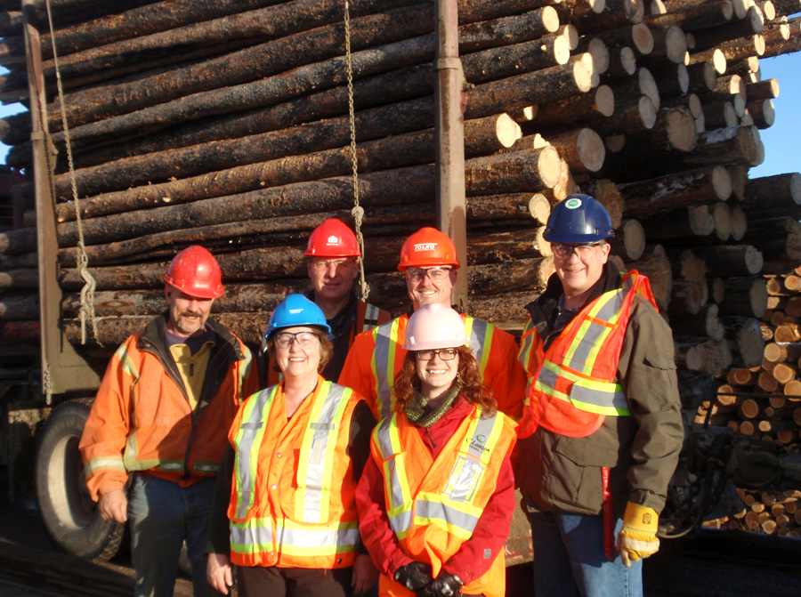 Logging Truck Driver students in Williams Lake area. Pictured here is Back: Dan Weks (Driver), Rick Welke (West Fraser)  Larry Price (Tolko), Tom Hoffman (Tolko) Front: Trudy Temple (Tolko) and Shirley-Pat Gale (TRU North)