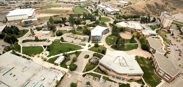 Aerial photography of the campus, looking west at the Campus Commons. Mastermind Studios, August 2014.