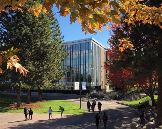 The Brown Family House of Learning framed by colourful fall foliage.