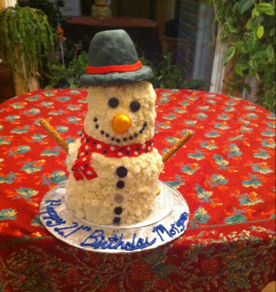 Fallon is a talented baker who loves creating cakes in unique shapes. This snowman cake was made for her sister Morgan's 21st birthday.