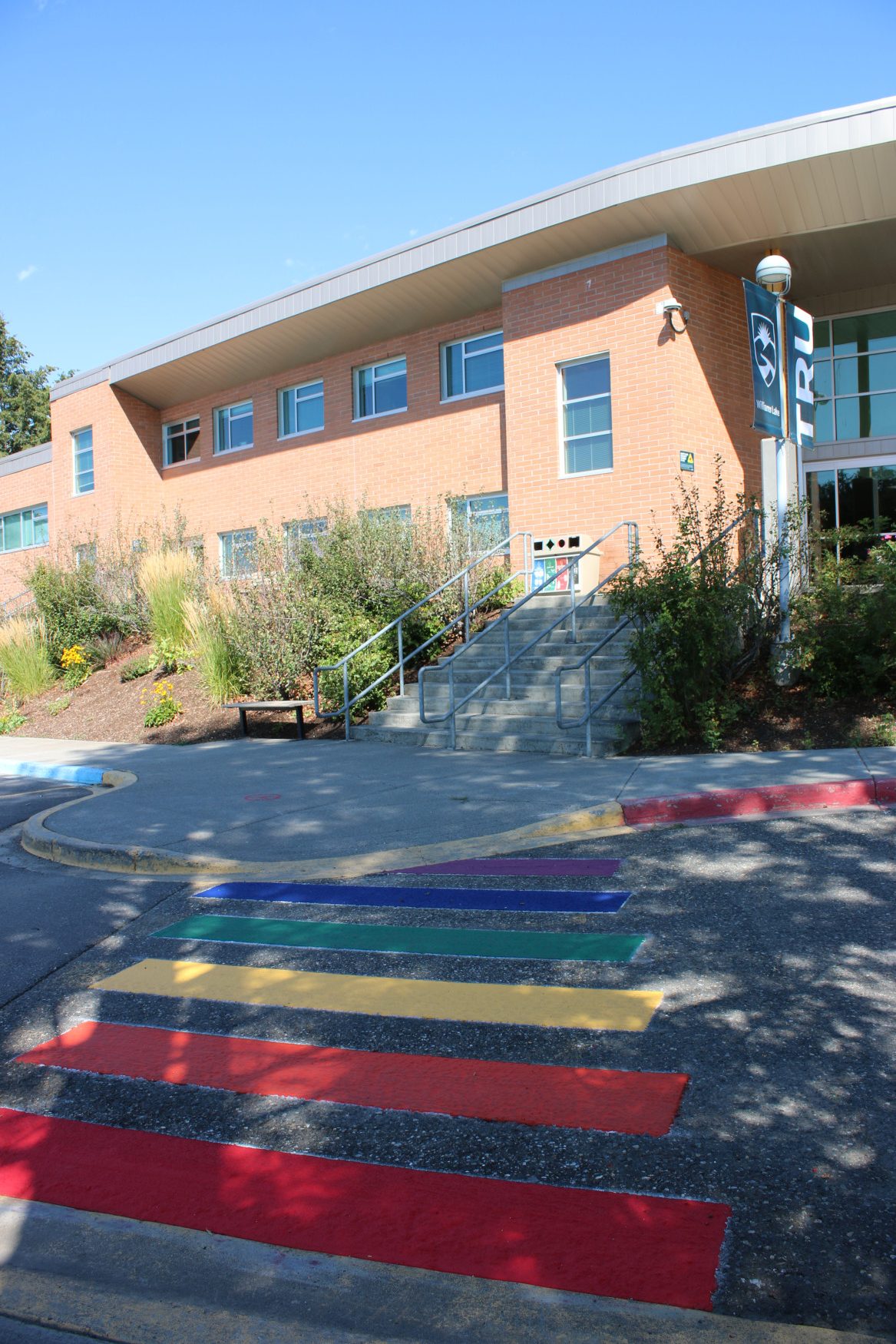 The rainbow crosswalk at the Williams Lake campus.