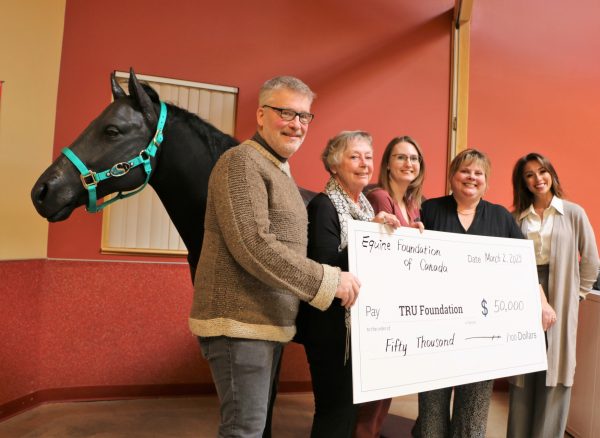 A group of people stand in front of a horse model.