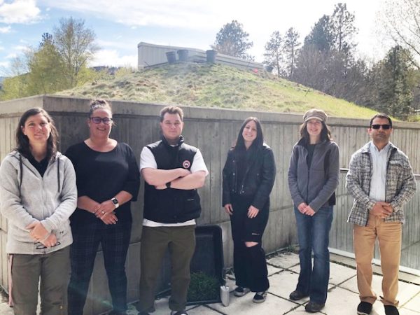 Innovate Today for a Better Tomorrow project team in front of the HL green roof. From left to right: Amie Schellenberg, Crystal Schock, Corbin Guenther, Amaia Zearra, Sandra Jasinoski, and Hossein Banitabaei. Missing from the photo are Dale Parkes and Warren Asuchak.