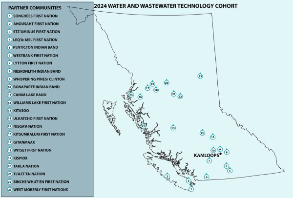 A map showing locations for students in the water and wastewater technology program 2024