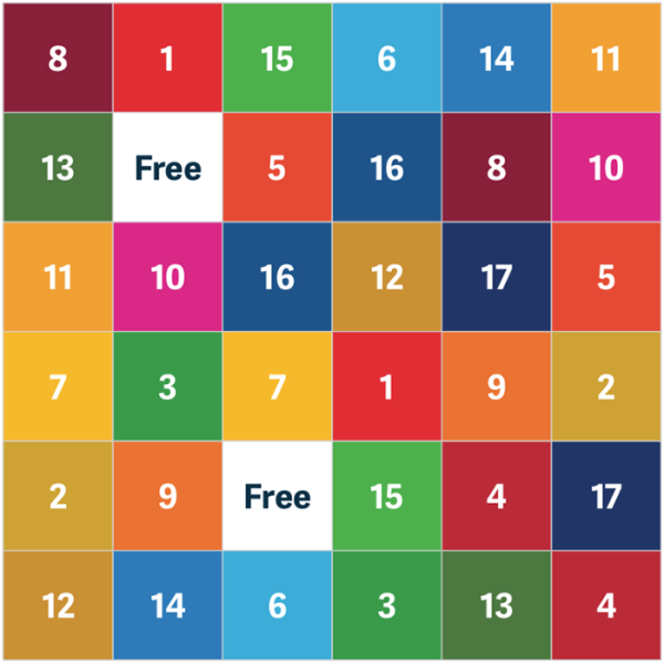 36-square bingo card numbered with the 17 SDGs.