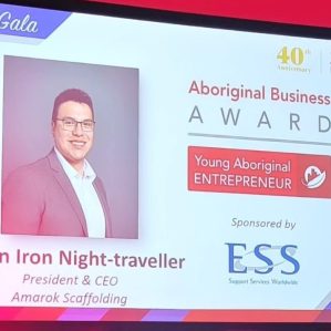 TRU alum Nyden Iron-Nighttraveller receiving the Young Aboriginal Entrepreneur Award from the Canadian Council for Aboriginal Business.