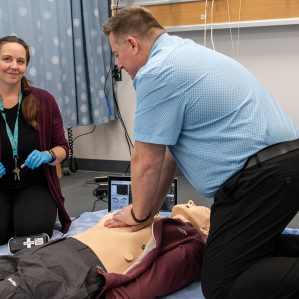 Nursing manikins simulate patients in CPR and naloxone training.