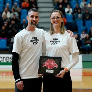 WolfPack women's volleyball head coach Chad Grimm and assistant coach Iuliia Pakhomenko, who was recently inducted into the Canada West Hall of Fame.