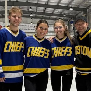 BC Hall of Fame curler Jim Cotter (far right) at a mid-summer bonspiel in Osoyoos with his daughters (L-R) Emerson and Jaelyn and Emerson's boyfriend Colton. The theme of the bonspiel was team sports so they entered as three Hansen brothers and Happy Gilmore.